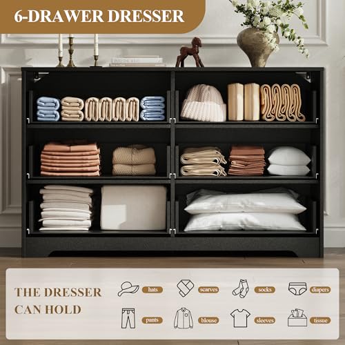 55" Wide Coastline Fluted 6 Drawers Dresser for Bedroom,Black, view 5