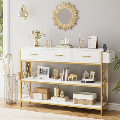 Gold Console Table with Storage, 47.2" Long Entryway Table, White | Narrow Wide Wood Entry way Table w/ 3-Tier Open Shelves, Industrial, Farmhouse Sofa Foyer Table for Hallway, Living Room