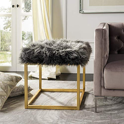 Safavieh Home Collection Rowan Grey Contemporary Glam Faux Sheepkin Square Ottoman, Dark