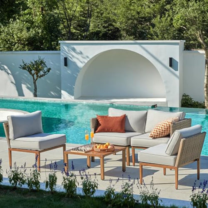 5 Piece Wicker Patio Sectional Furniture Sets Outdoor Sofa Rattan Couch, All Weather Outdoor Conversation Set with Metal Table,5" Cushions for Deck,Poolside,Backyard,Balcony