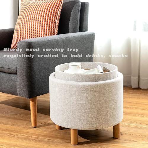 Round Storage Ottoman with Tray Lid, Accent Storage Footstool w/Soft Padding, Fabric Sitting Stool w/Solid Wood Legs & Non-Slip Pads, Tray Top Coffee Table for Living Room, Bedroom (Beige)