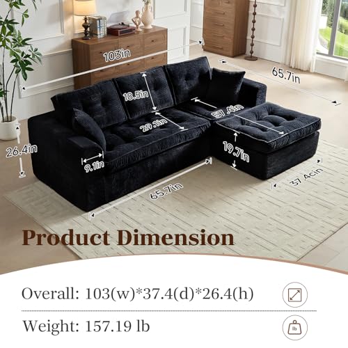 Cloud Couches for Living Room, Modern Modular Sectional Sofa with L-Shape Chaise, Boneless Couch with Deep Seat, Plush Corduroy, No Assembly Required (Black)