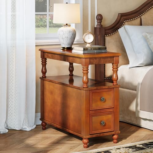 Tribesigns Solid Wood Nightstand with 2 Drawers, Mid-Century Modern Night Stand with Open Storage Shelf, Vintage Bedside Table for Bedroom, Easy to Assemble (1, Walnut)