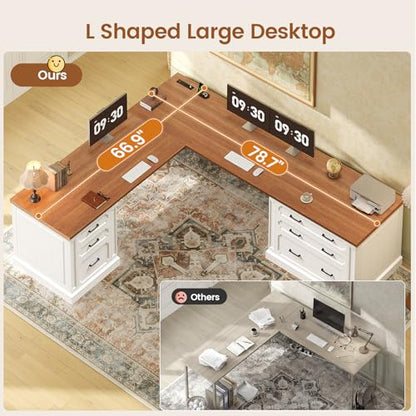 Farmhouse 78.8" L Shaped Desk with 6 Drawers, Home Office Desk with Power Outlet, view 8