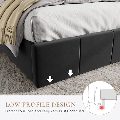Queen Size Bed Frame, Velvet Upholstered Platform Bed, Black, view 5