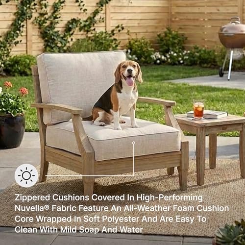 Signature Design by Ashley Clare View Outdoor Lounge Chair, Eucalyptus Wood Frame, 5-Step Protective Finish, Nuvella Fabric Cushions for Patio Seating, 30" W x 35" D x 32" H, Beige