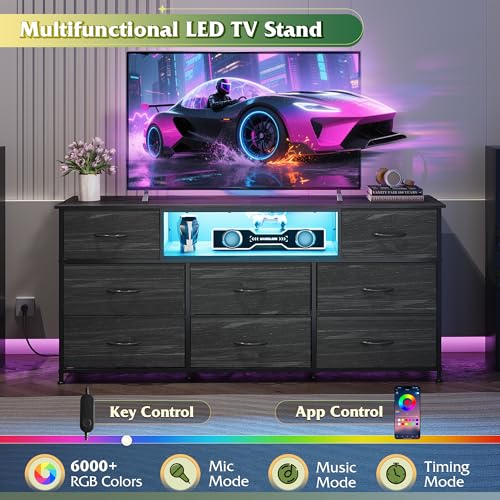 Dresser TV Stand for 65 Inch TV, 8 Drawers, LED, Black Wood Grain, view 4