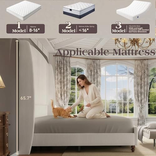 Queen Size Upholstered Platform Bed Frame with 66" Tall Headboard, Cream, view 8