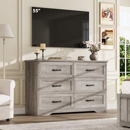Farmhouse Wood 47.2" Wide 6 Drawer Dresser for Bedroom, Grey, view 7