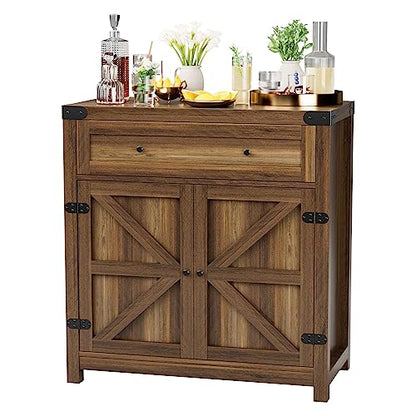 Coffee Bar Cabinet Farmhouse Kitchen Sideboard Buffet Cabinet with Drawer and Adjustable Shelf Barn Door Storage for Kitchen, Dining Room, Bathroom, Entryway (Brown)
