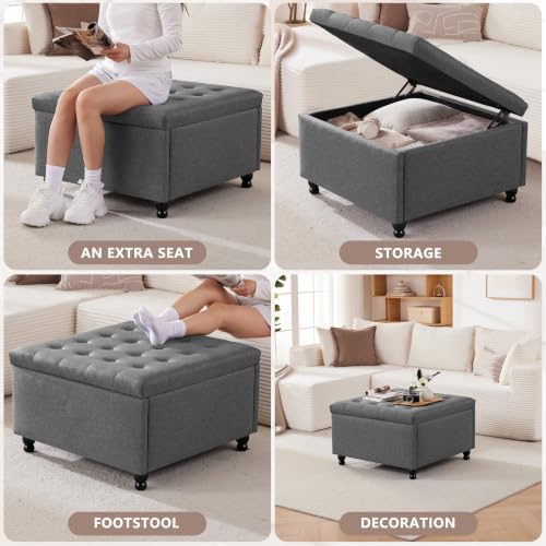 Grey Tufted Square Ottoman with Storage, Solid Wood Frame, view 5