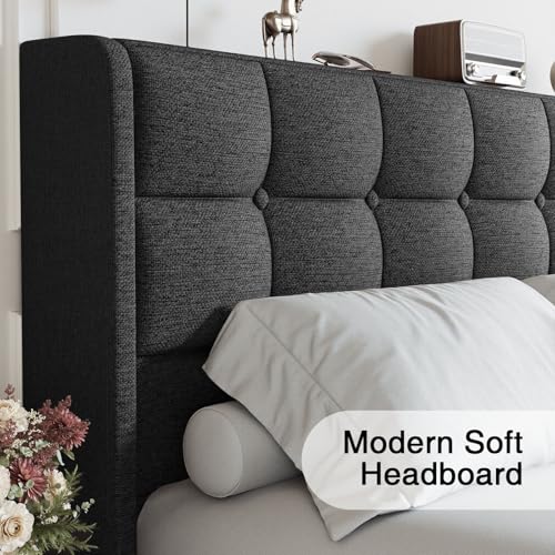 Upholstered King Size Lift Up Storage Bed Frame, Wingback Headboard, view 5