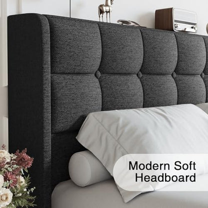 Upholstered King Size Lift Up Storage Bed Frame, Wingback Headboard, view 5