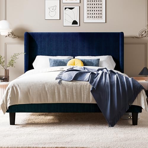 Queen Size Platform Bed with Corduroy Wingback Headboard, Blue, view 5
