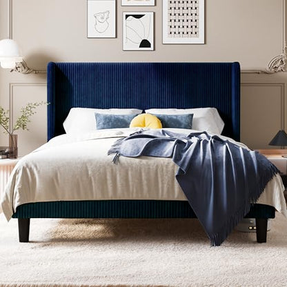 Queen Size Platform Bed with Corduroy Wingback Headboard, Blue, view 5