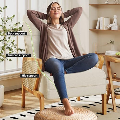 Upholstered Living Room Chairs Accent Chair Armchair, Natural Rattan Modern Slipper Club Chair Guest Reception Couch Comfy Single Sofa for Reading Bedroom-Ivory