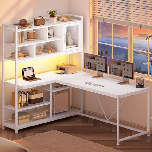 L Shaped Computer Desk, 58'' Office Desk with LED Light and Bookshelf, L Shaped Corner Desk with Storage Shelves for Home Office, Gaming Desk, L Desk, White
