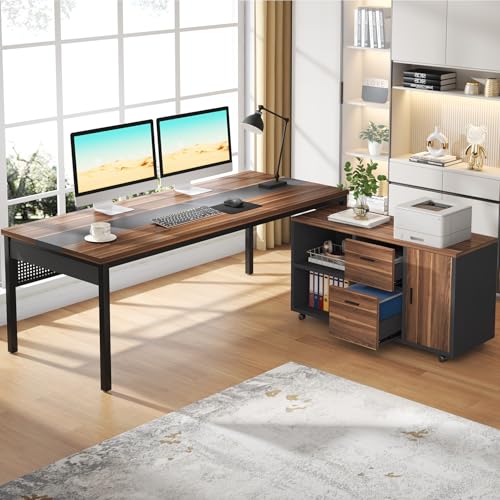 Tribesigns 71 Inch Executive Desk, L-Shaped Desk with Mobile File Cabinet, Executive Office Table with 2 Drawers and Storage Shelves, Business Furniture Workstation for Home Office, Walnut and Black