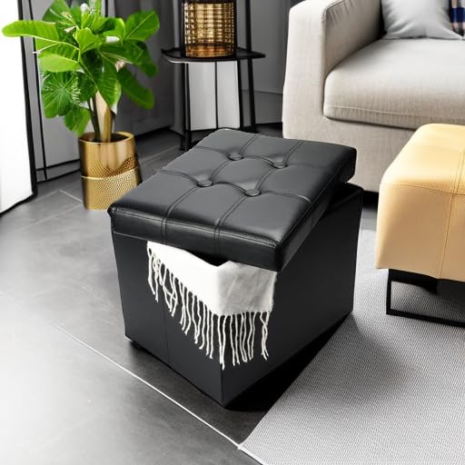Storage Ottoman, Folding Foot Stool with Thicker Foam Padded Seat Small Leather Storage Ottoman Bench Foot Rest for Living Room Foldable Coffee Table 17x13x13in,Black