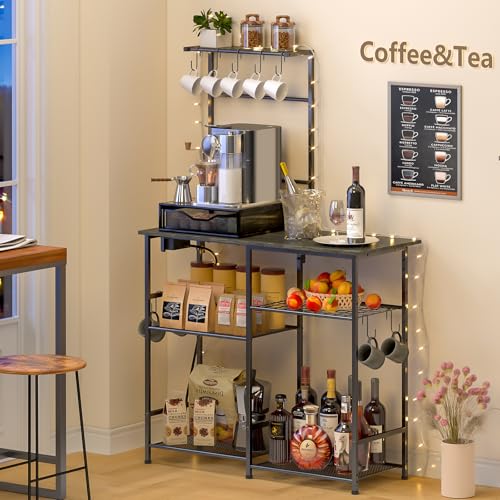 3IngSeagulls Bakers Rack with Power Outlet, Kitchen Microwave Stand with 10 S-shaped Hooks, 6-Tier Coffee Bar Station, Kitchen Storage Shelf Rack for Spices, Pots, Gray