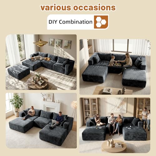110 Modular Sectional Boneless Sofa with 2 Ottomans, Corduroy U-Shaped Modular Sectional Sofa, Convertible Cloud Couch with Deep Seats, No Assembly Required (Grey, 110" 3Seat+2 0ttoman)