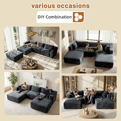 110 Modular Sectional Boneless Sofa with 2 Ottomans, Corduroy U-Shaped Modular Sectional Sofa, Convertible Cloud Couch with Deep Seats, No Assembly Required (Grey, 110" 3Seat+2 0ttoman)