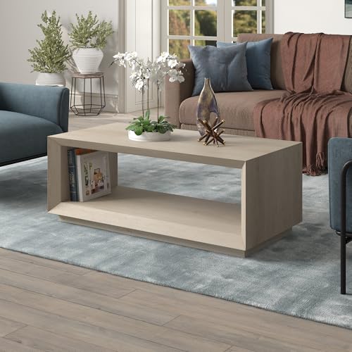 48" Rectangular Coffee Table with Open Storage Shelf for Living Room, Family Room, or Office, Beech White