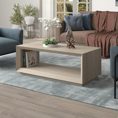 48" Rectangular Coffee Table with Open Storage Shelf for Living Room, Family Room, or Office, Beech White