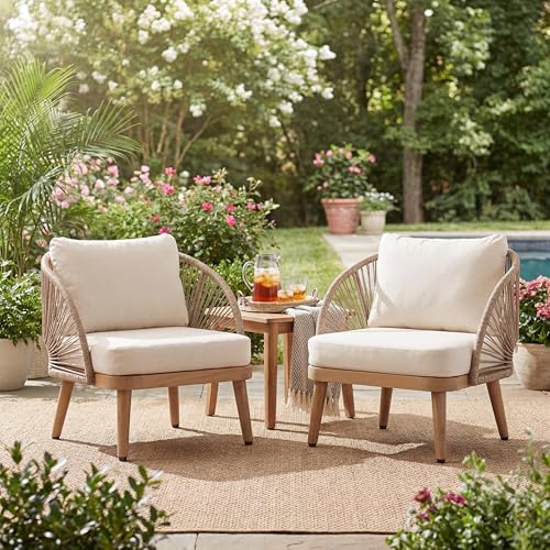 Lydia Set of 2 Boho Patio Furniture Acacia Wood Club Chairs, Outdoor Lounge Chairs, Modern Tub Accent Chairs/Arm Chairs with Rope Woven and Removable Cushions, Natural+Beige