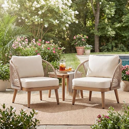 Lydia Set of 2 Boho Patio Furniture Acacia Wood Club Chairs, Outdoor Lounge Chairs, Modern Tub Accent Chairs/Arm Chairs with Rope Woven and Removable Cushions, Natural+Beige