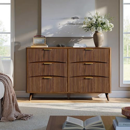 54" Wide Fluted 6 Drawer Dresser, Mid Century Modern Curved Dresser, Light Wood Chest of Drawers for Bedroom, Living Room and Entryway, Walnut