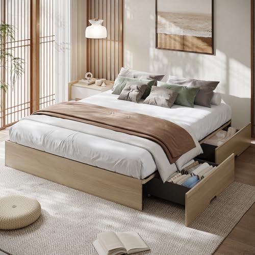 King Bed Frame with 2 Storage Drawers, Wood Platform Floor Bed Frame, view 2