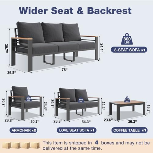 Aluminum Patio Furniture Set 7 Seats, Oversized Outdoor Sectional with Washable Thick Cushions, Coffee Table, Patio Conversation Sets for Porch, Balcony, Deck, Dark Gray