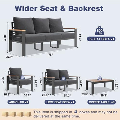 Aluminum Patio Furniture Set 7 Seats, Oversized Outdoor Sectional with Washable Thick Cushions, Coffee Table, Patio Conversation Sets for Porch, Balcony, Deck, Dark Gray