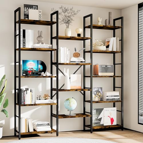 Triple Column 5 Tier Bookshelf, Industrial Large Bookcase Display Shelves, Large Etagere Bookshelf,Wide Book Shelf Book Case for Home & Office, Rustic Brown