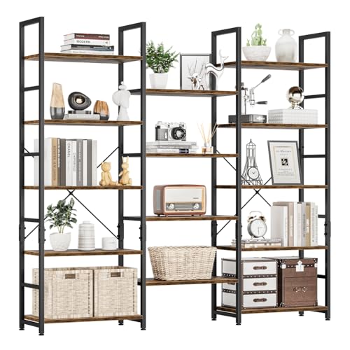 Triple Wide 5 Tier Bookshelf, Rustic Industrial Style Bookcases with 14 Open Display Shelves, Modern Tall Bookcase Furniture for Bedroom, Living Room and Home Office, Vintage