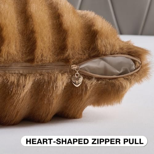 Pack of 2 Faux Mink Fur Throw Pillow Covers 12x20 Inch Soft Fluffy Dyeing Striped Textured Farmhouse Decorative Lumbar Pillowcases Modern Home Decor for Couch Bed Living Room, Camel