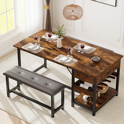 Dining Table Set for 4 with Storage Drawers & Wine Rack, Kitchen Table and Upholstered Benches for Small Spaces, Retro Brown