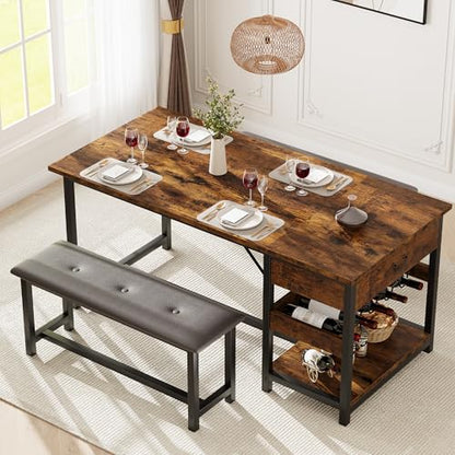 Dining Table Set for 4 with Storage Drawers & Wine Rack, Kitchen Table and Upholstered Benches for Small Spaces, Retro Brown