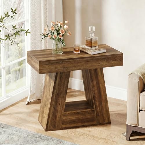 Tribesigns 24" Side Table, Narrow End Table with 2-Tier Storage Shelf, Farmhouse Wooden Nightstand Accent Table with Trapezoid Base for Living Room, Bedroom, Small Spaces, Brown