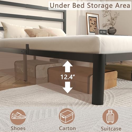 14 Inch Full Bed Frame with Headboard, Black Metal Double Bed Base, view 5