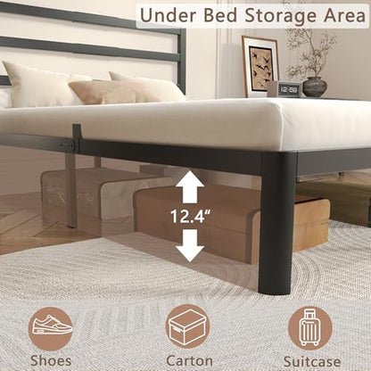 14 Inch Full Bed Frame with Headboard, Black Metal Double Bed Base, view 5