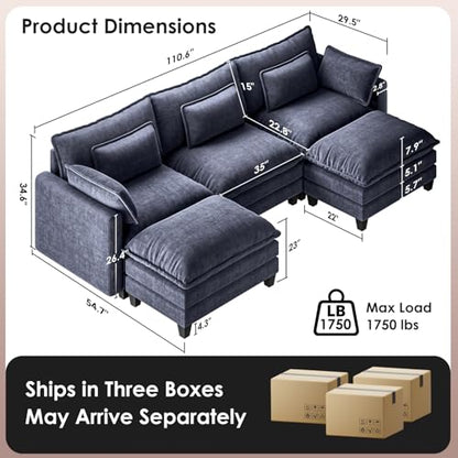 Modular Sectional Sofa 110.6" U-Shaped Modern Comfy Cloud Couch, 5-Seat Chenille Deep Seat Sofa with Throw Pillow & Movable Ottoman for Living Room, Bedroom and Apartment, Navy Blue