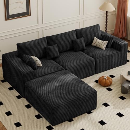 113" Modular Sectional Sofa, Convertible L-Shaped Cloud Couches for Living Room with Ottoman, 4 Seater Corduroy Boneless Couch Sofa Set, No Assembly Required, Black 1 PCS