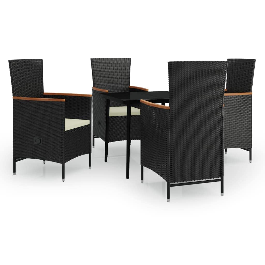 5-Piece Outdoor Dining Set Black and Cream PE Rattan Patio Furniture 31.5" Square Table 4 Chairs with Adjustable Backrest Garden Balcony Terrace Backyard Bistro Use