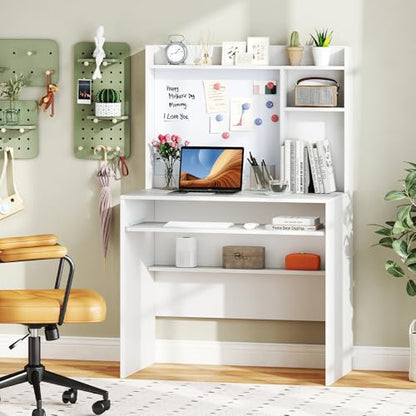 White Desk with Hutch, Small Computer Workstation with Bookshelf, view 2