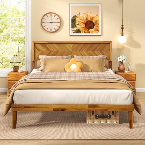 Wood Queen Bed Frame, Acacia Wooden Platform Bed Frame with Headboard, view 2