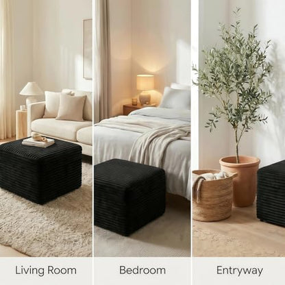 37.4" Plush Corduroy Ottoman, Upholstered Cloud Ottoman for Boneless Couch in a Box, Modular Sectional Couches for Living Room, Compressed Memory Foam, No Assembly Require, Black