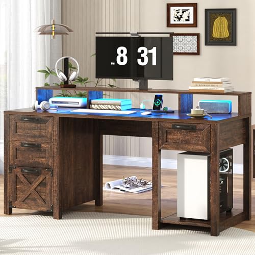 59" Farmhouse Computer Desk with 4 File Drawer & Power Outlet & Led Lights, view 2