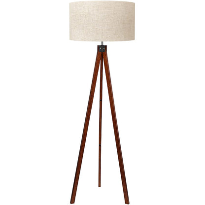 Wood Tripod Floor Lamp, Mid Century Standing Lamp, Modern Design Studying Light for Living Room, Bedroom, Study and Office, Flaxen Linen Shade with E26 Base Brown